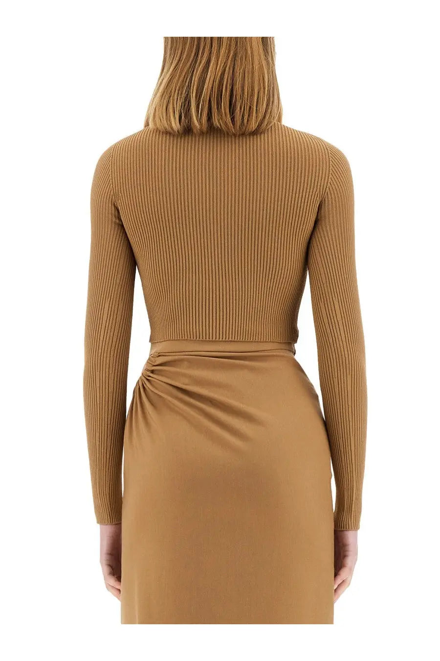 Max mara women’s viscose crepe crop top beige with ribbed camel-colored long sleeves and gathered waist detailing