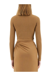 Max mara women’s viscose crepe crop top beige with ribbed camel-colored long sleeves and gathered waist detailing