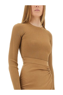 Max mara women’s viscose crepe crop top beige ribbed long-sleeved camel knit top with matching high-waisted skirt