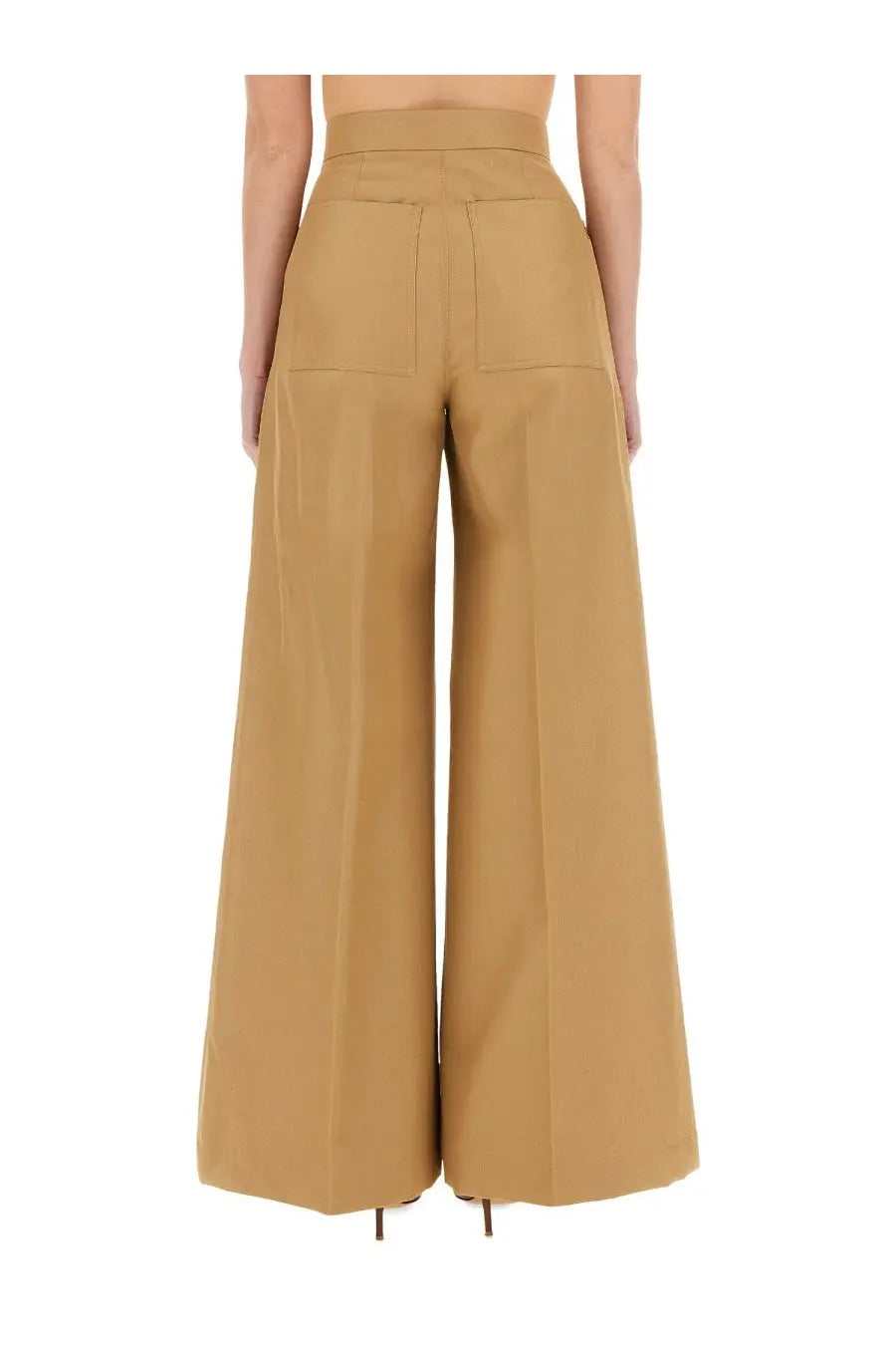 Tan wide-leg high-waisted tailored trousers with two back pockets shown from the back by max mara women’s beige pants