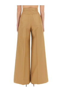 Tan wide-leg high-waisted tailored trousers with two back pockets shown from the back by max mara women’s beige pants