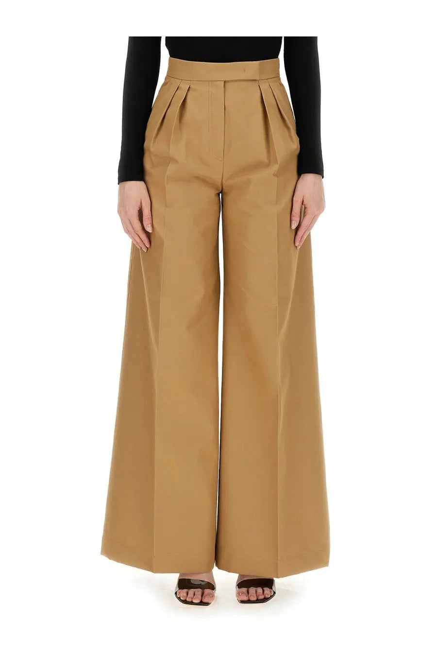 Tan wide-leg high waist pleated front trousers from max mara women’s wide leg pants beige collection