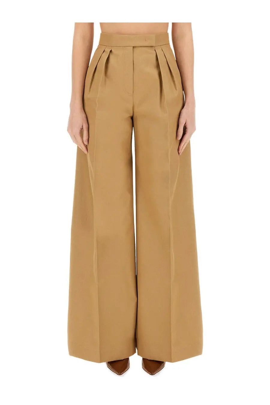 Tan high waist pleated wide leg trousers from max mara women’s collection in beige tailored fabric