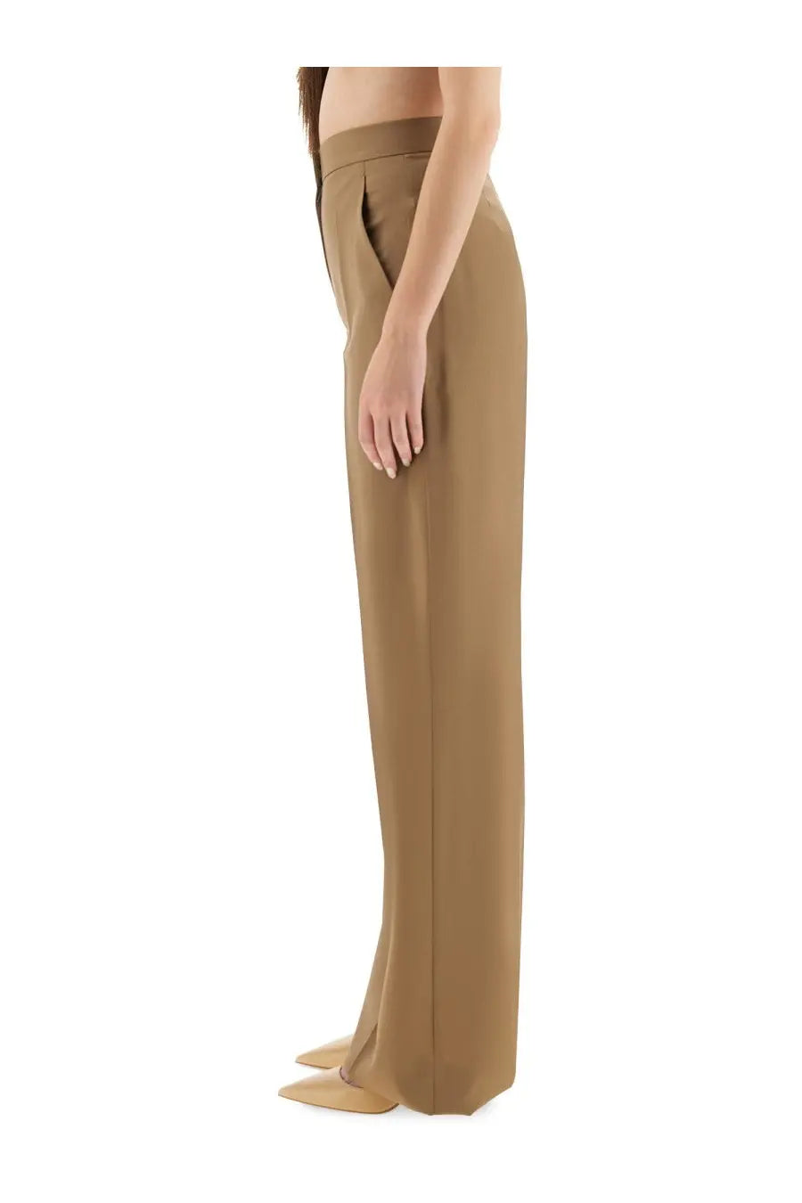Max Mara women’s tan wide-leg high waist trousers in Fernet beige with a clean straight-cut silhouette