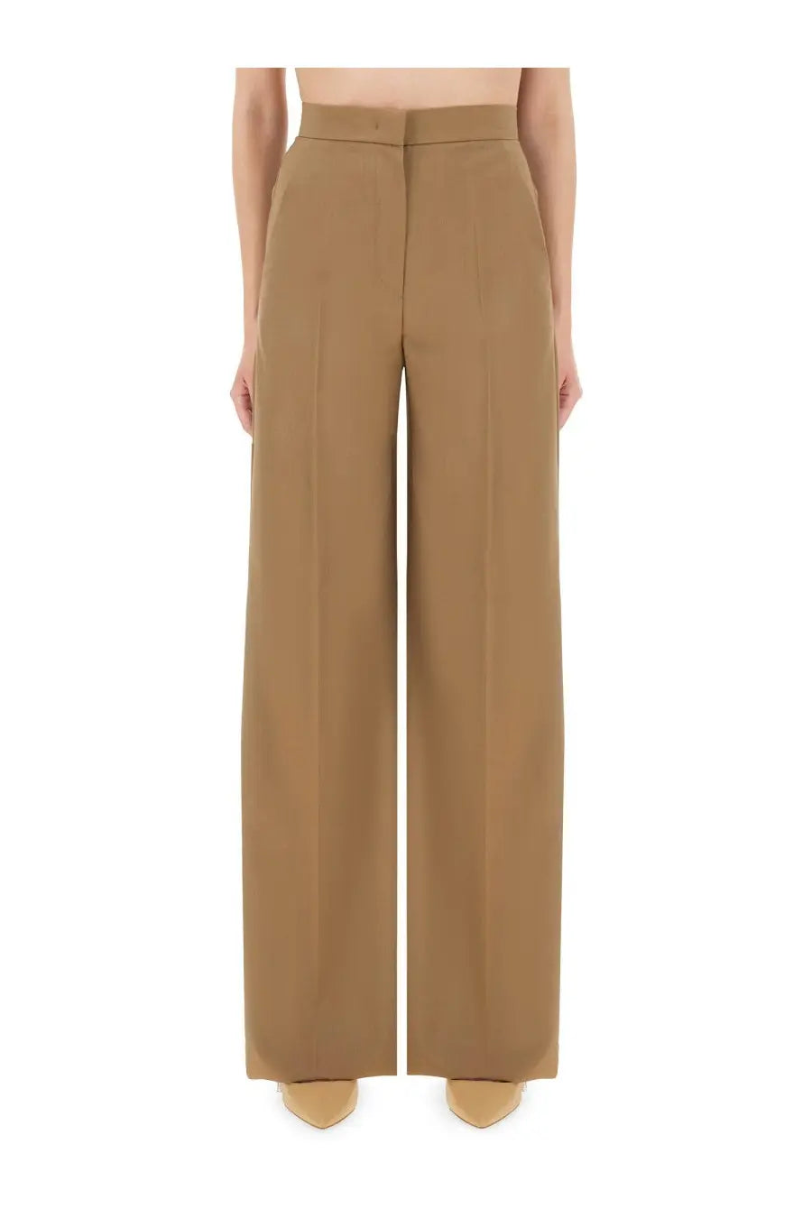 Max Mara women’s wide pants Fernet beige featuring tan tailored wide-leg trousers with subtle front pleats