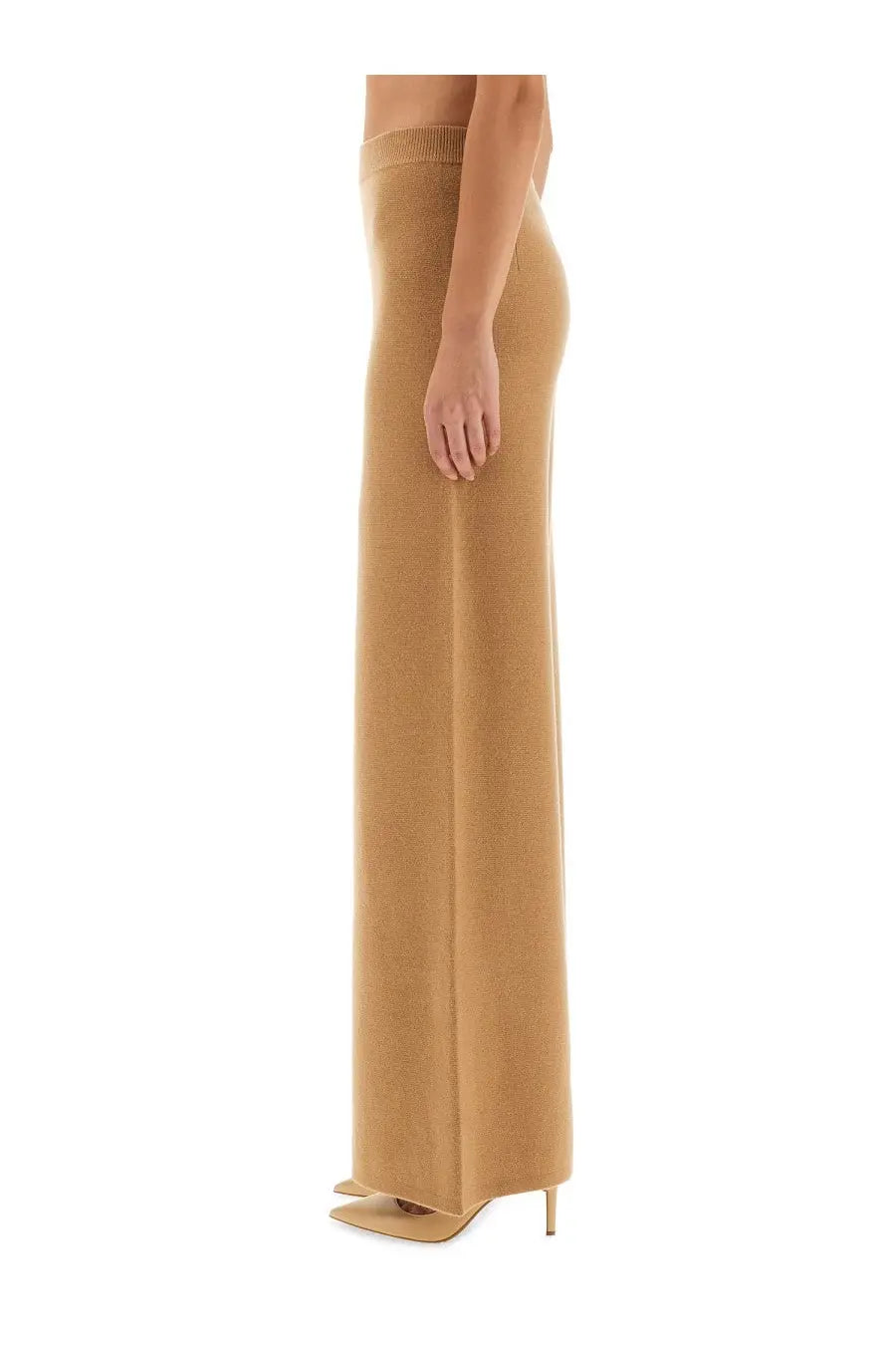 Max Mara women’s wide wool trousers in camel with a ribbed waistband perfect for stylish comfort