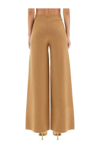 Max Mara women’s wide-leg knit trousers in beige with a ribbed waistband perfect for casual wear