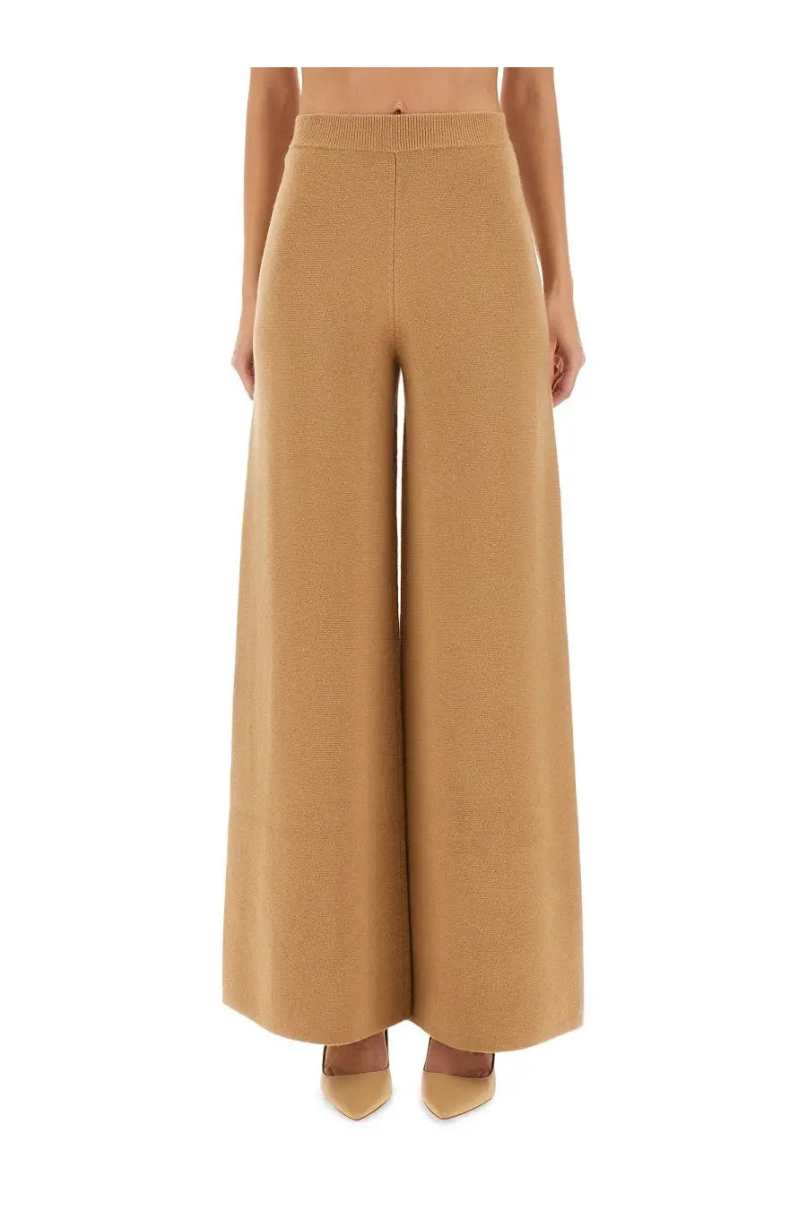 Max mara women’s wide pants judy beige tan knit trousers with ribbed waistband and wide legs