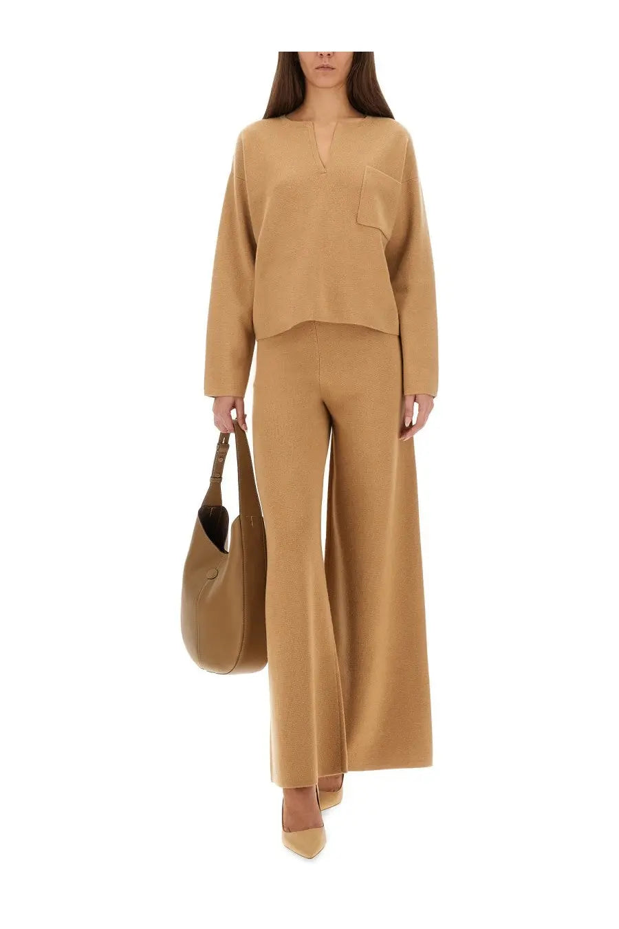 Max mara women’s wide pants judy beige tan wool-blend wide-leg pants with subtle texture and minimalist design