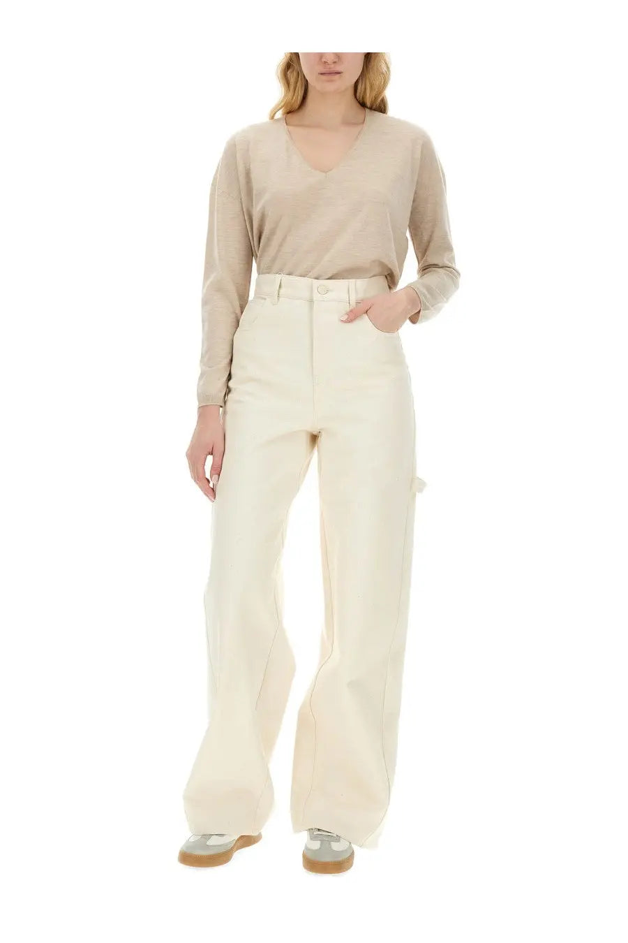 Cream-colored high-waisted wide-leg trousers by max mara with a minimalist design ideal for elegant wear