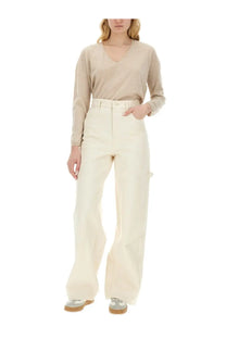Cream-colored high-waisted wide-leg trousers by max mara with a minimalist design ideal for elegant wear