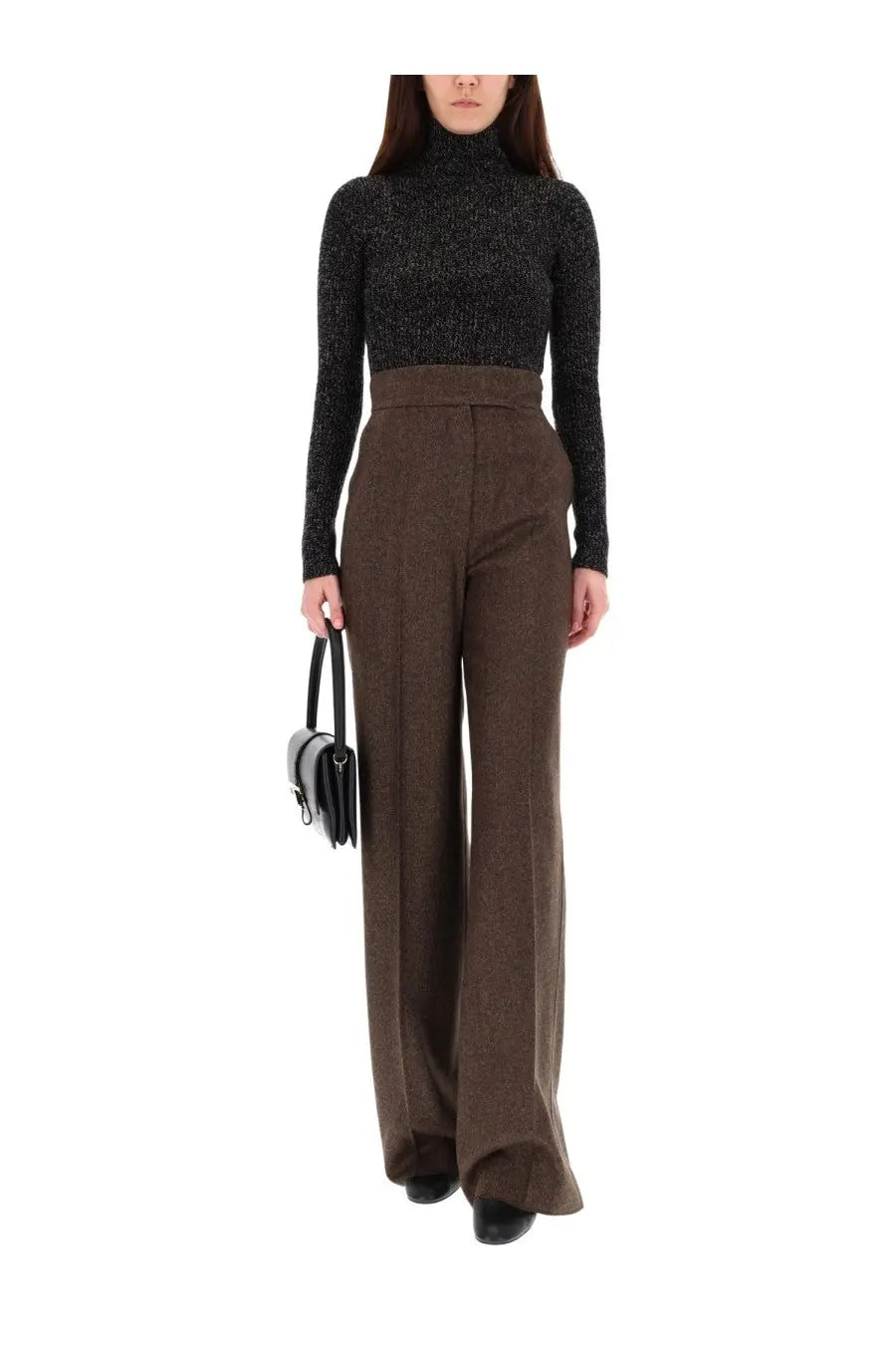 A black and silver structured handbag with a sleek handle and metallic hardware in max mara wool and cashmere style