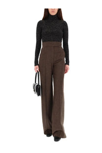 A black and silver structured handbag with a sleek handle and metallic hardware in max mara wool and cashmere style