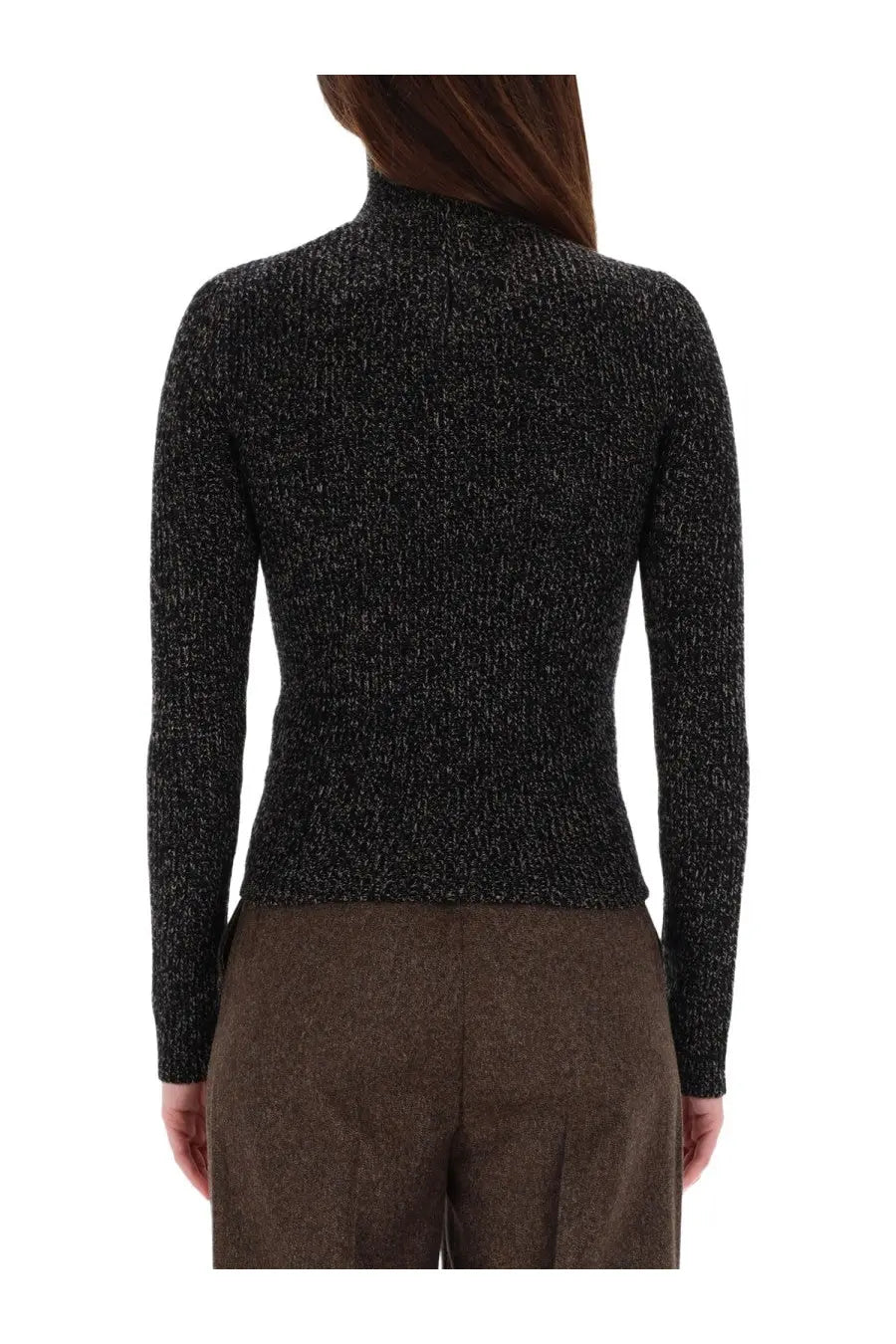 Max Mara women’s black wool and cashmere turtleneck sweater with textured knit and subtle shimmer detail