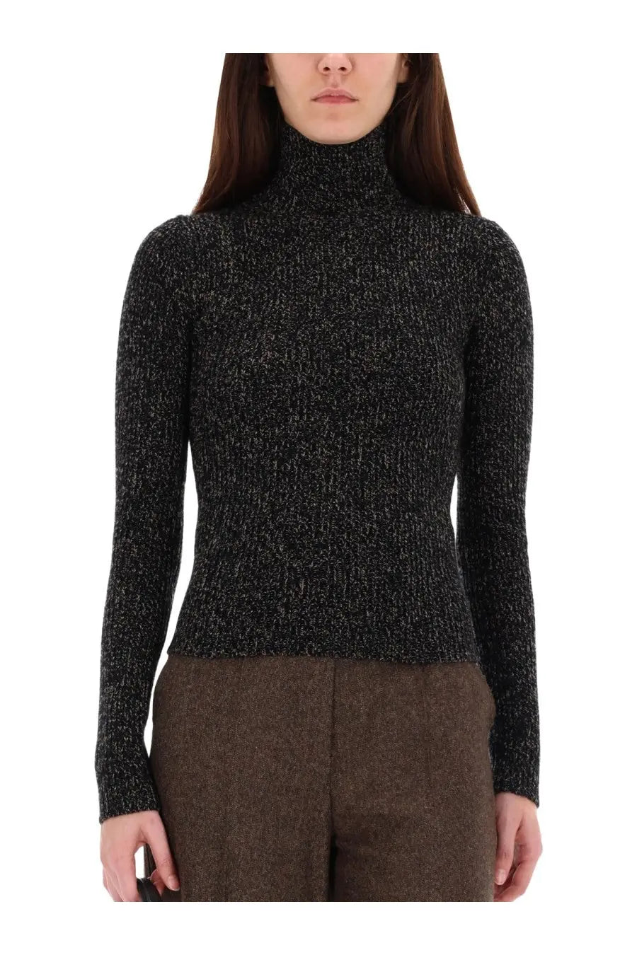 Max Mara women’s black wool and cashmere knit turtleneck sweater with subtle shimmering flecks