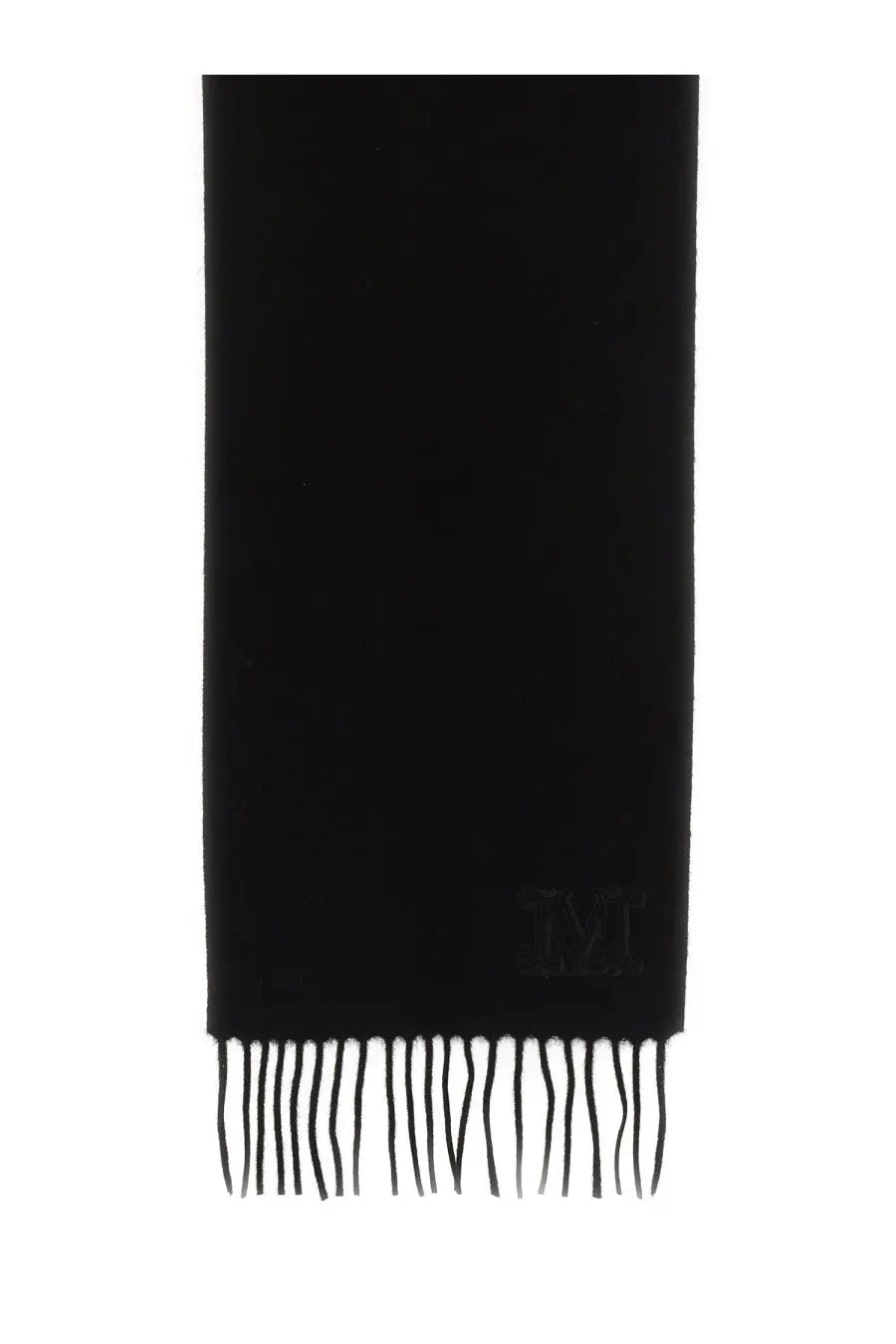 Max mara women’s wsdalia scarf black cashmere with subtle embroidered m logo and delicate fringe details