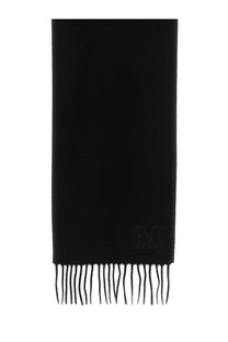 Max mara women’s wsdalia scarf black cashmere with subtle embroidered m logo and delicate fringe details