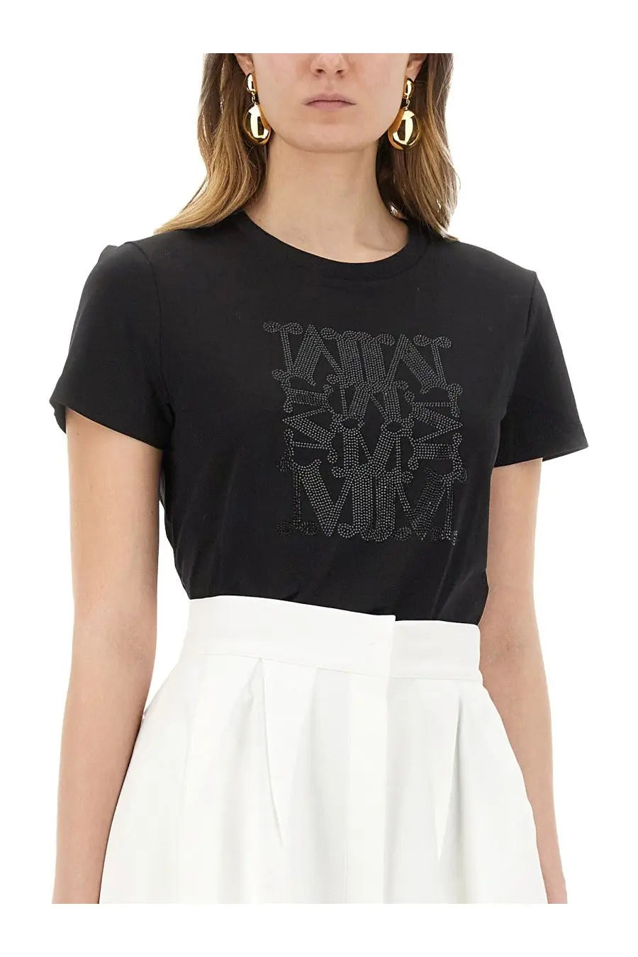 Max Mara women’s black short-sleeved shirt with a bold geometric rhinestone logo on the chest