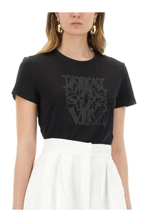 Max Mara women’s black short-sleeved shirt with a bold geometric rhinestone logo on the chest