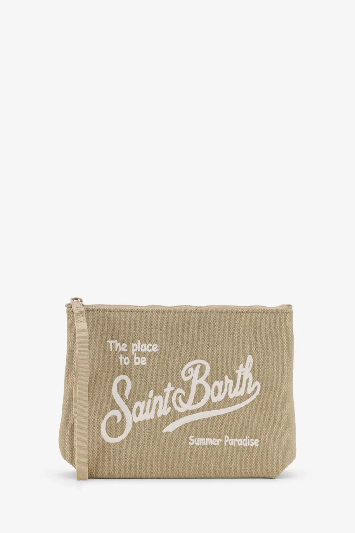 Beige canvas clutch by Mc2 Saint Barth with white embroidered saint barth logo and summer paradise text
