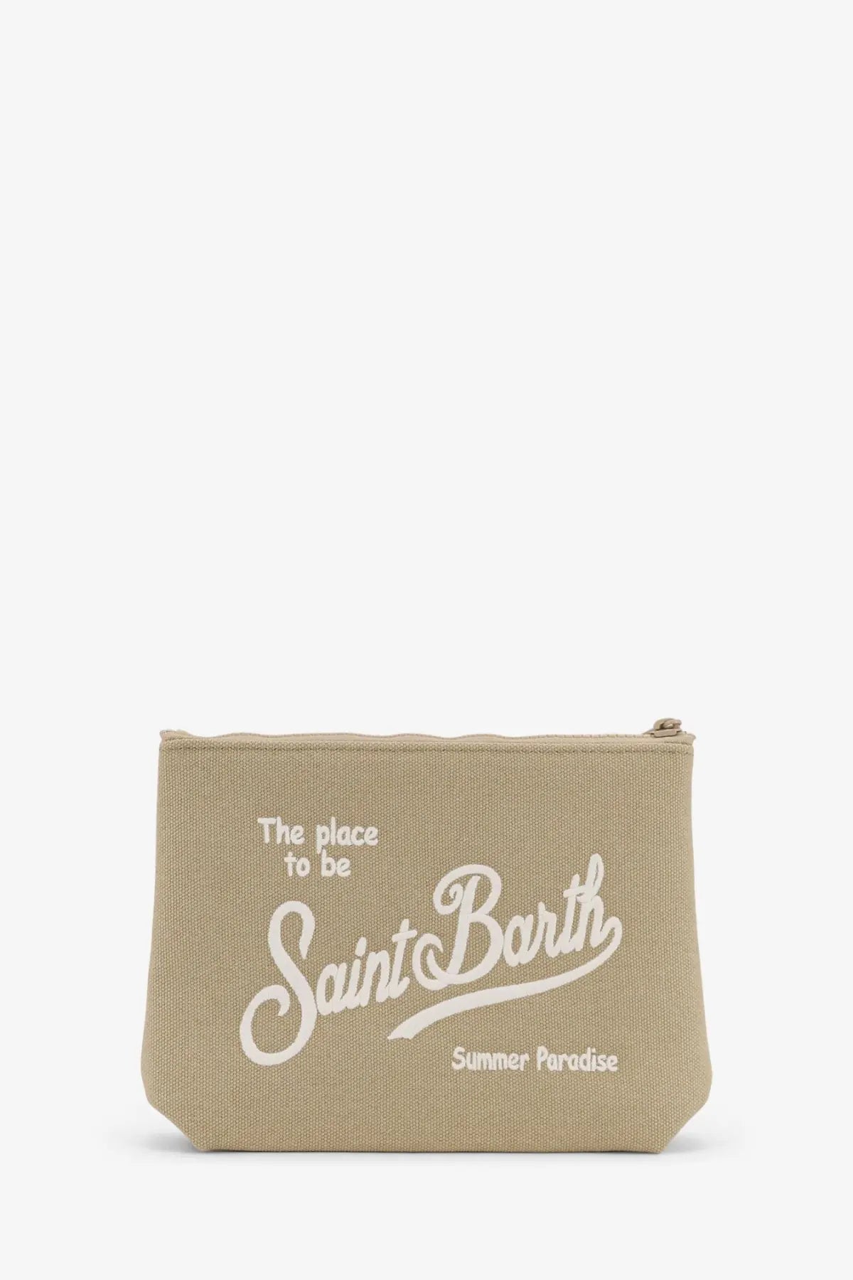 Beige canvas zippered pouch with white embroidered text from mc2 saint barth men’s aline canvas clutch collection