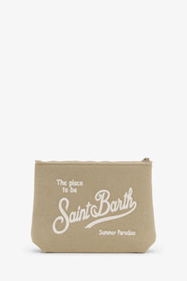 Beige canvas zippered pouch with white embroidered text from mc2 saint barth men’s aline canvas clutch collection