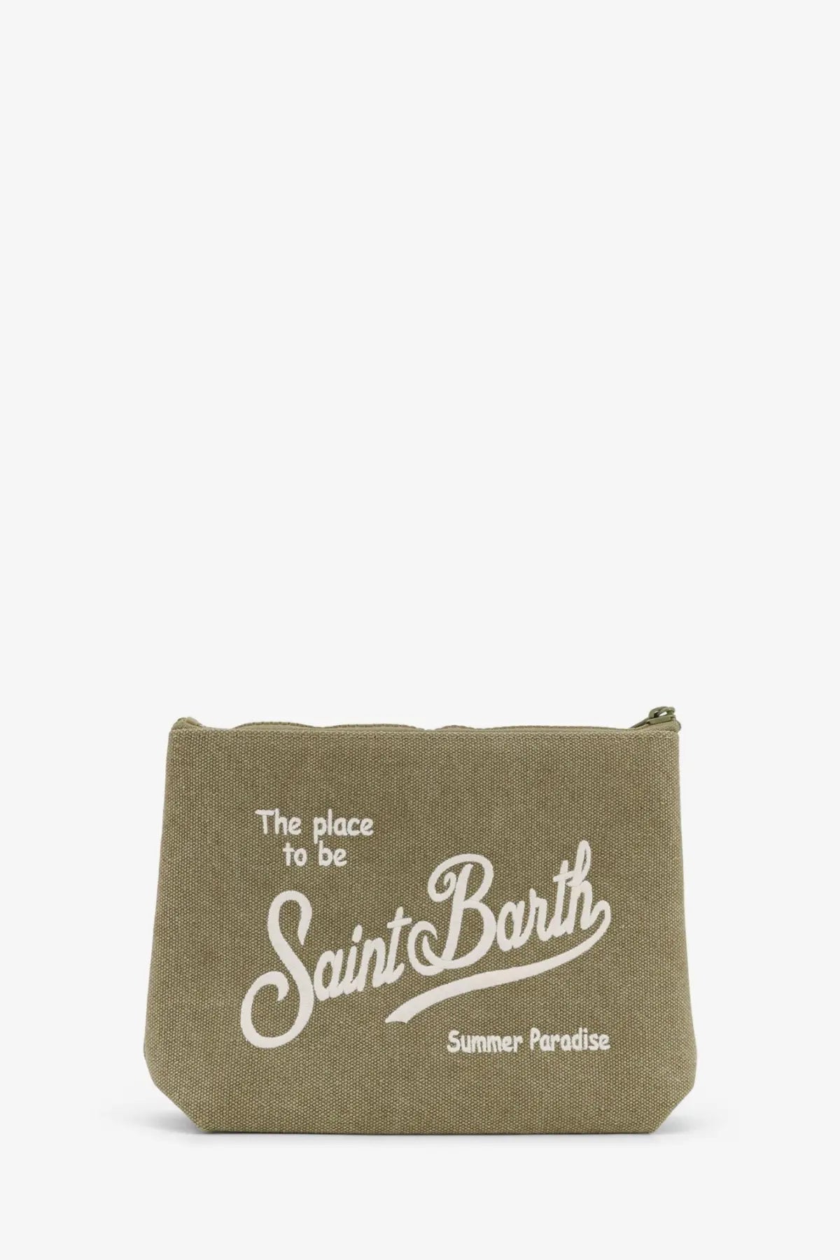 Olive green canvas clutch pouch by mc2 saint barth with white embroidered text and zipper closure