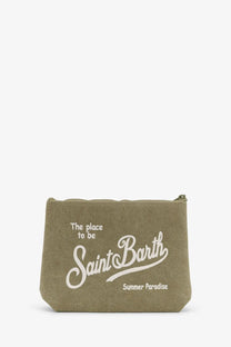 Olive green canvas clutch pouch by mc2 saint barth with white embroidered text and zipper closure