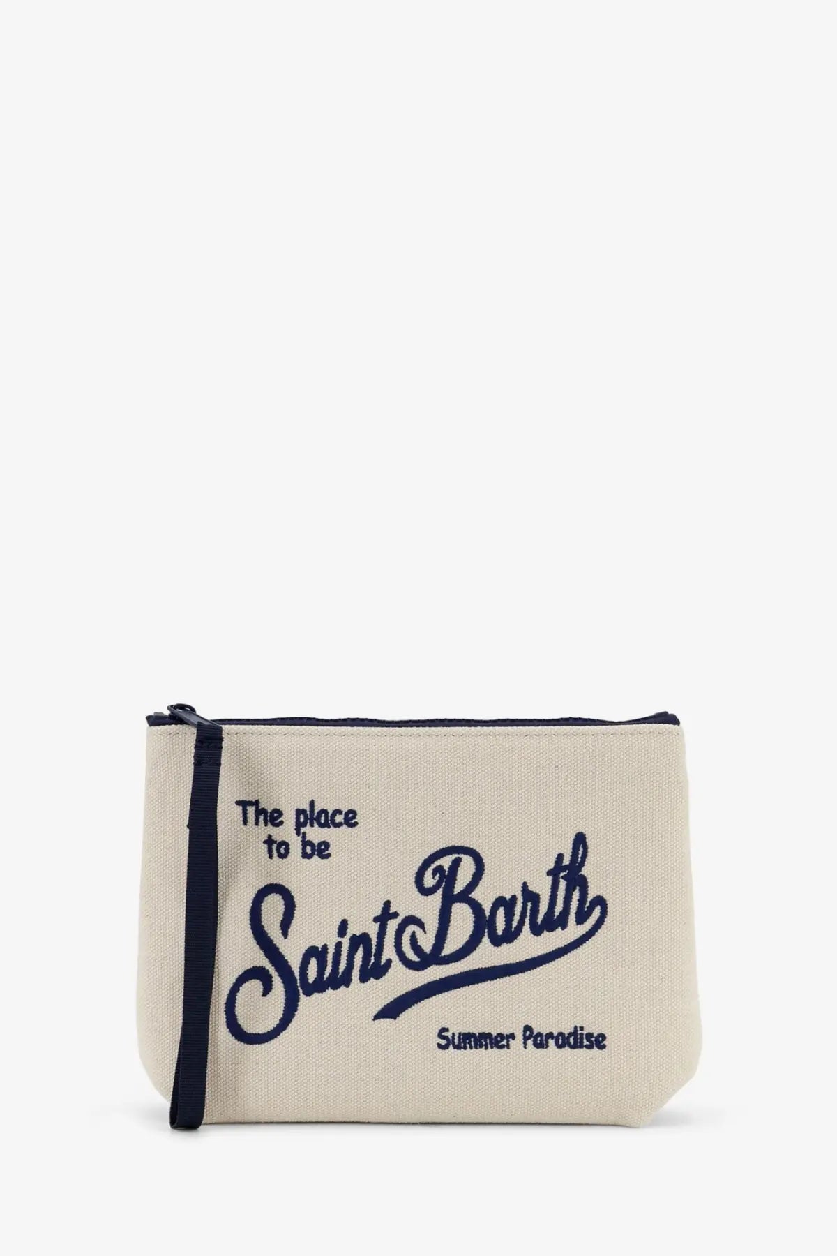 Men’s mc2 saint barth aline canvas clutch in beige with navy blue embroidered text and matching zipper pull