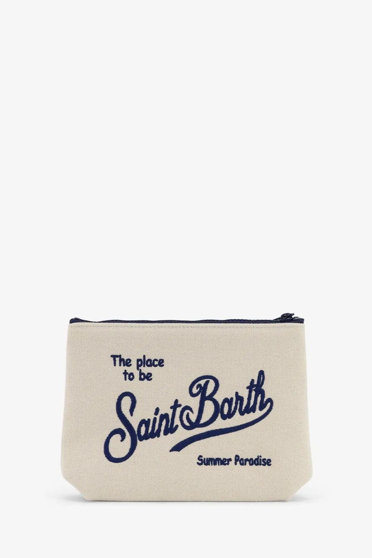 Mc2 saint barth men’s aline canvas clutch white beige with navy blue embroidered text and matching zipper