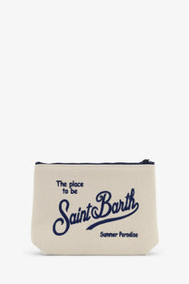 Mc2 saint barth men’s aline canvas clutch white beige with navy blue embroidered text and matching zipper