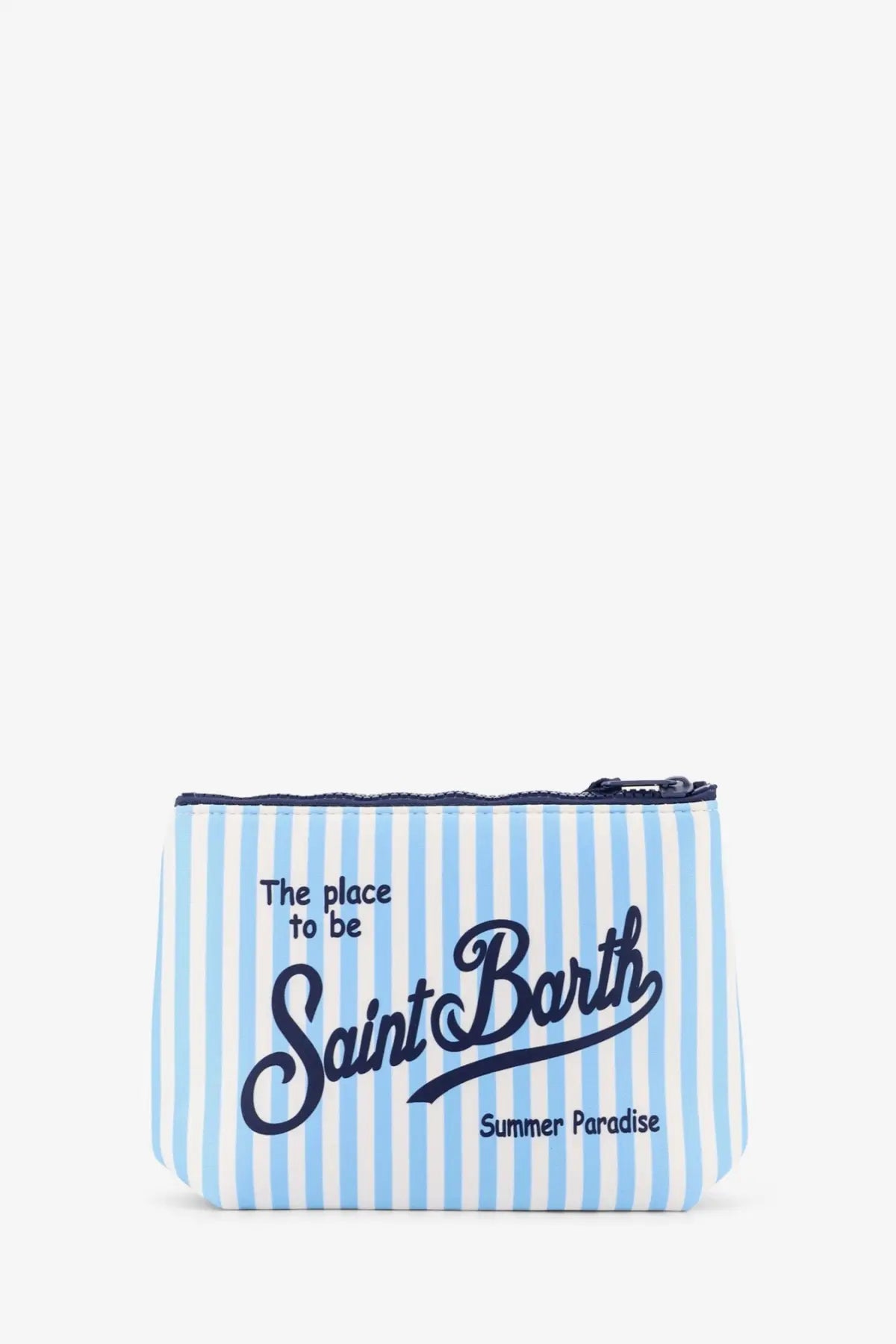 Mc2 Saint Barth men’s Aline scuba clutch in light blue and white stripes with navy text summer paradise on front