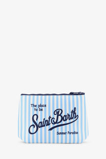 Mc2 Saint Barth men’s Aline scuba clutch in light blue and white stripes with navy text summer paradise on front