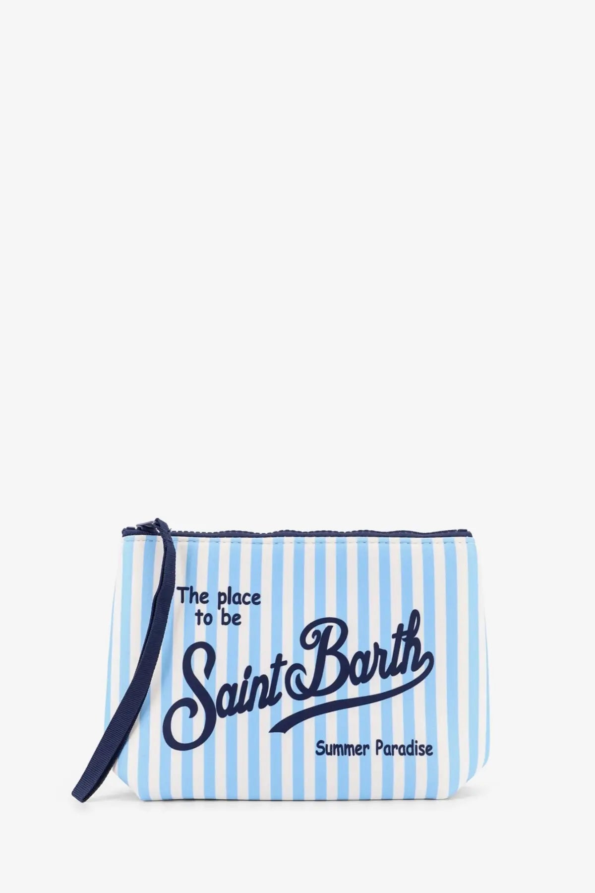 Mc2 Saint Barth men’s Aline scuba clutch blue with light blue white stripes navy text and matching navy zipper pull