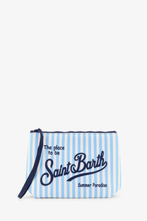Mc2 Saint Barth men’s Aline scuba clutch blue with light blue white stripes navy text and matching navy zipper pull