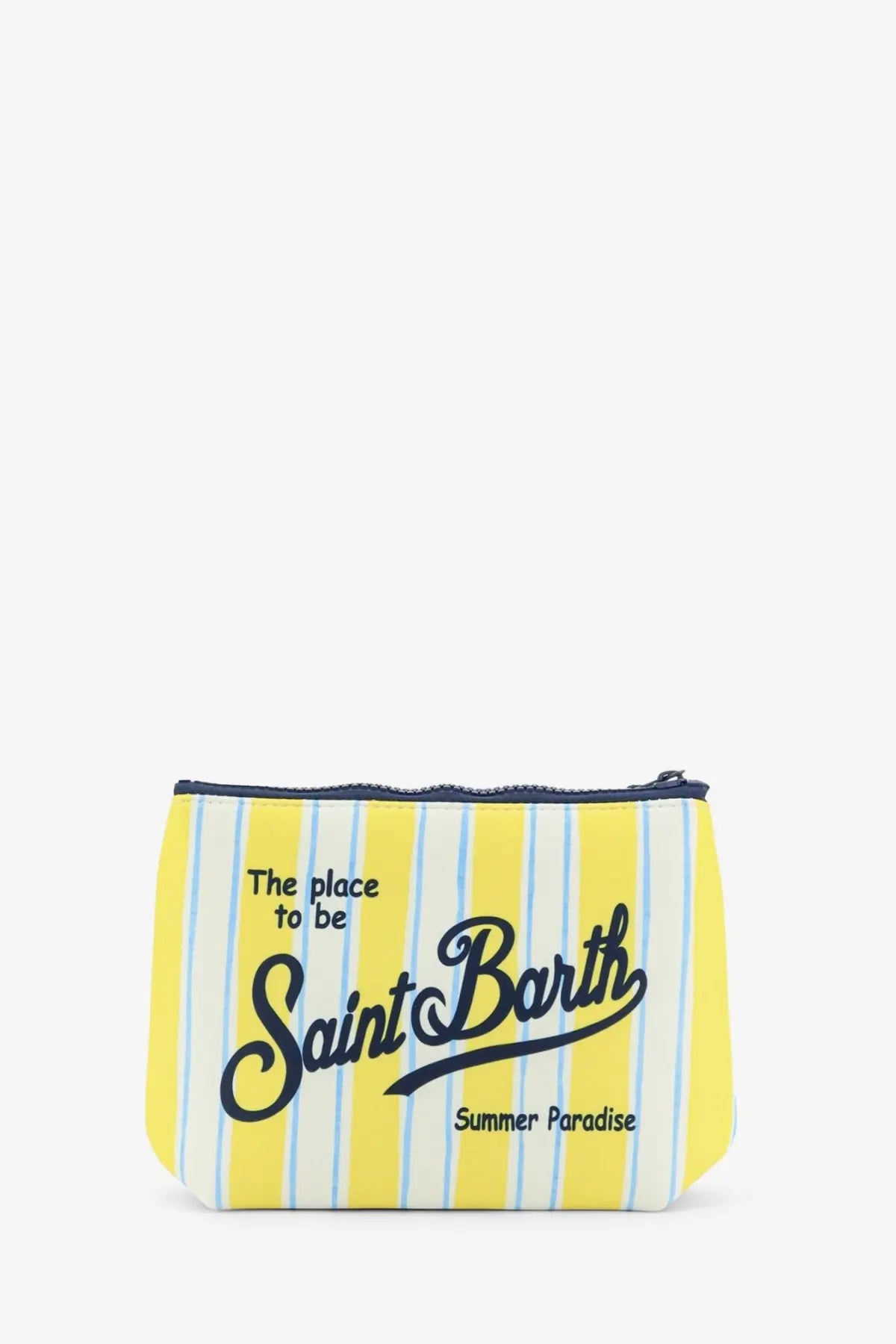 Mc2 Saint Barth men’s aline scuba clutch yellow with vibrant yellow and light blue stripes and navy zipper with black script text