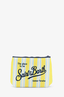Mc2 Saint Barth men’s aline scuba clutch yellow with vibrant yellow and light blue stripes and navy zipper with black script text