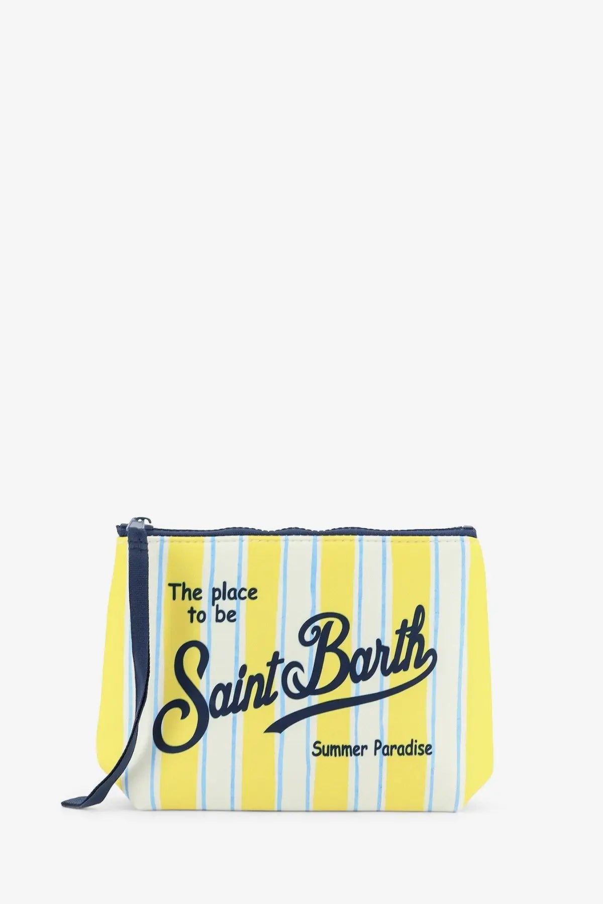 Yellow and white striped scuba clutch with navy trim and saint barth summer paradise script by mc2 saint barth