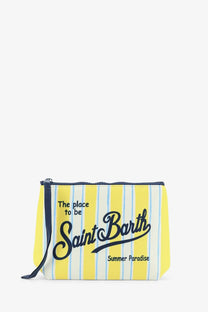 Yellow and white striped scuba clutch with navy trim and saint barth summer paradise script by mc2 saint barth