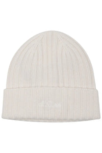 Cream-colored ribbed knit beanie with folded cuff and subtle embroidered branding by mc2 saint barth