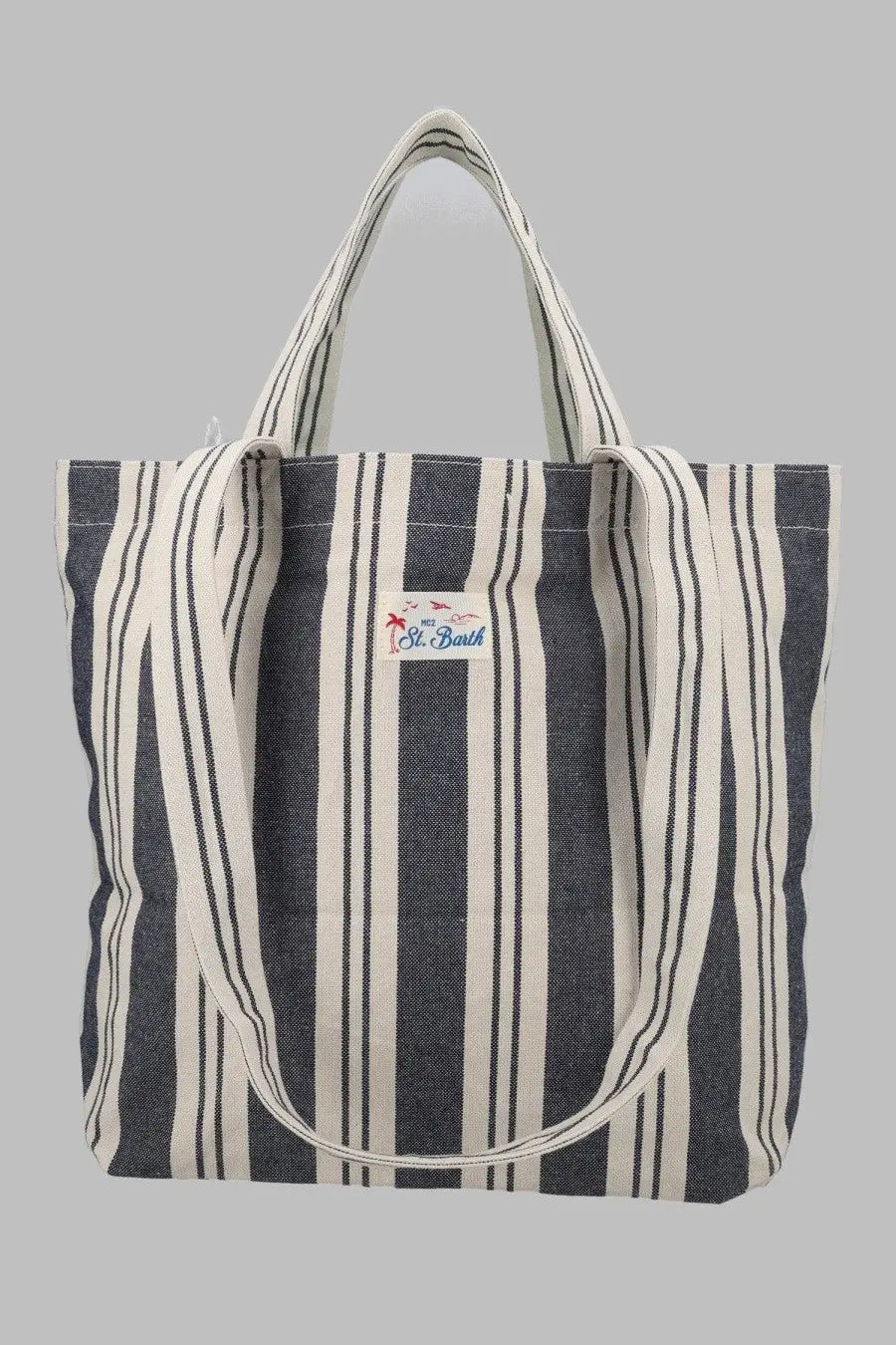 Mc2 Saint Barth men’s borsa tote essential beach bag in navy and cream striped cotton with embroidered patch