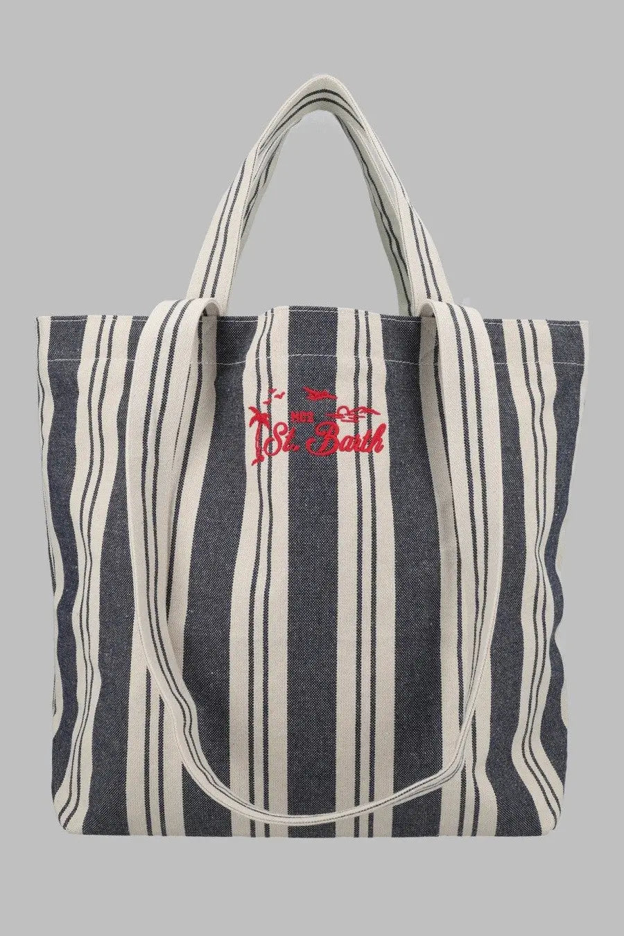 Mc2 Saint Barth men’s navy and white striped canvas tote bag with red embroidered si bait logo in cotone blue