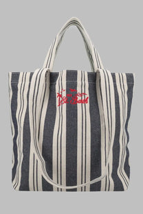 Mc2 Saint Barth men’s navy and white striped canvas tote bag with red embroidered si bait logo in cotone blue