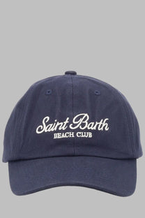 Navy blue cotton Mc2 Saint Barth men’s baseball cap with white embroidered saint barth beach club logo