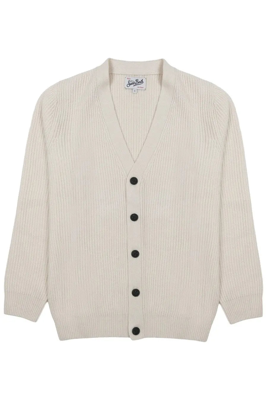 Cream-colored ribbed knit cardigan with black buttons and v-neck collar by Mc2 Saint Barth in lana beige