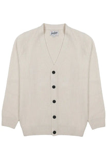 Cream-colored ribbed knit cardigan with black buttons and v-neck collar by Mc2 Saint Barth in lana beige