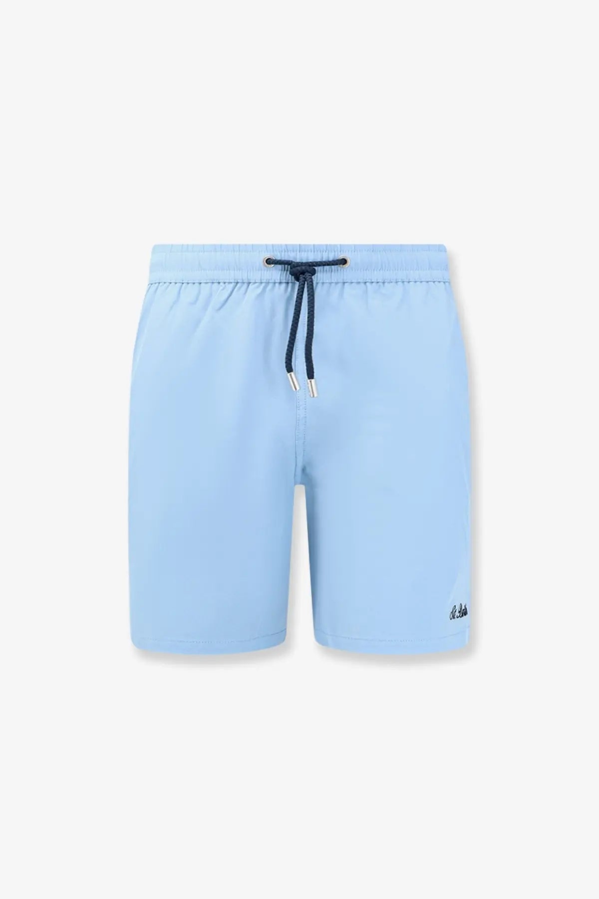 Light blue swim trunks with dark navy drawstring and metallic aglets by mc2 saint barth in recycled nylon
