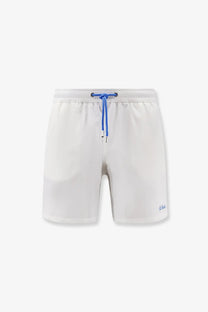Mc2 saint barth men’s comfort recycled nylon swim boxer shorts in white with blue drawstring and subtle logo on leg