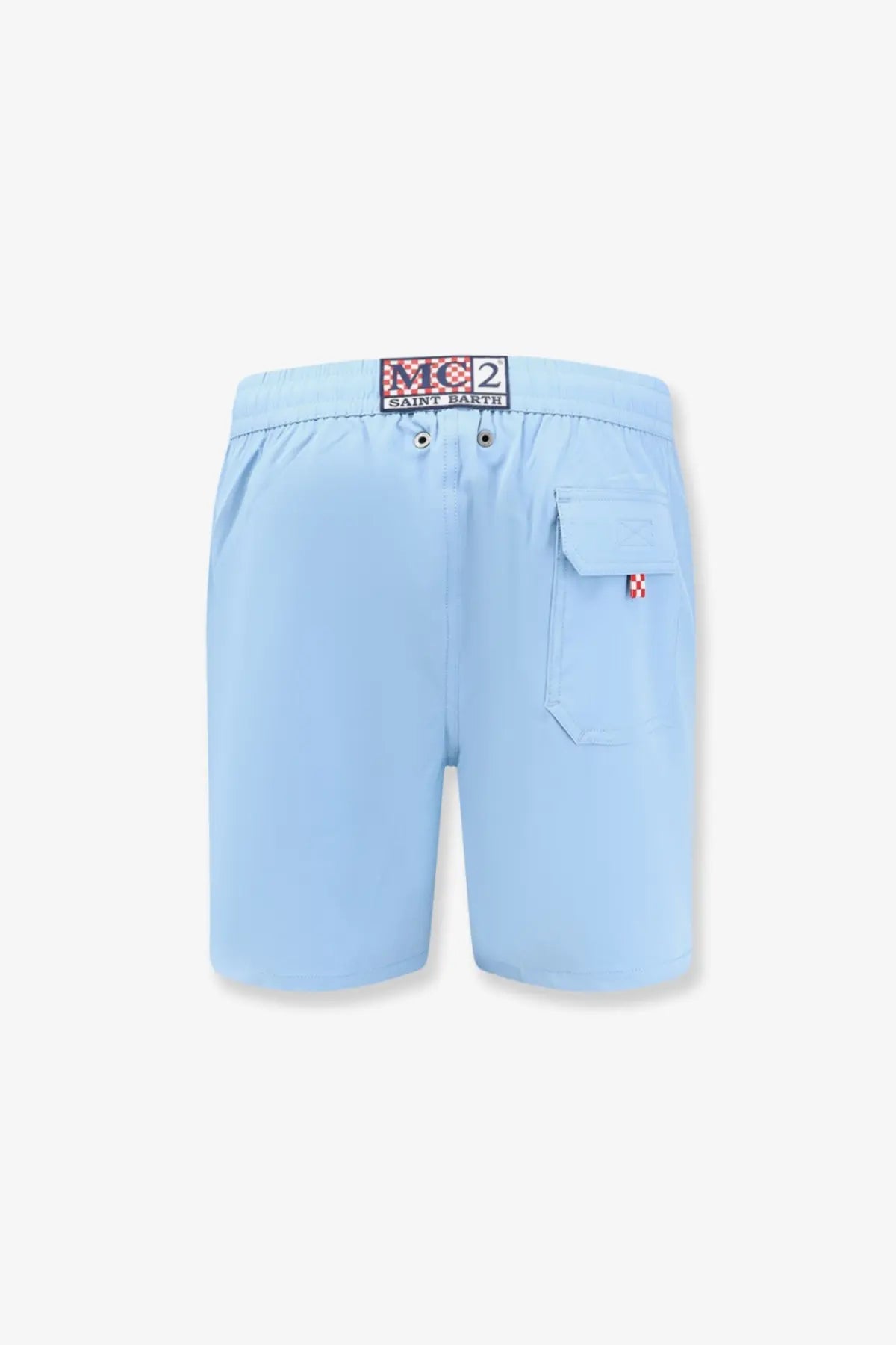 Light blue mc2 saint barth men’s swim boxer shorts with branded waistband and side pocket made of recycled nylon