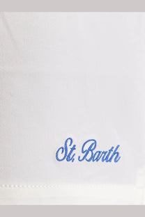 White fabric with blue embroidered st on the back of mc2 saint barth men’s comfort recycled nylon black swim boxer shorts